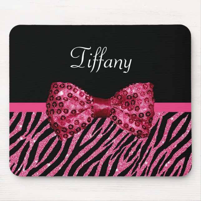 Trendy Pink Zebra Print FAUX Glitz Bow With Name Mouse Pad (Front)