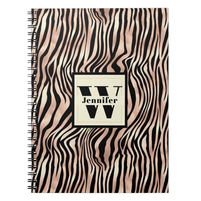 Trendy Pink Zebra Print With Chic Monogram & Name Notebook (Front)