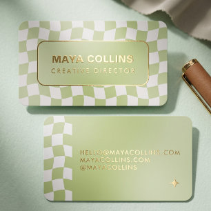 Trendy Pistachio Cream Wavy Checkered Foil Business Cards