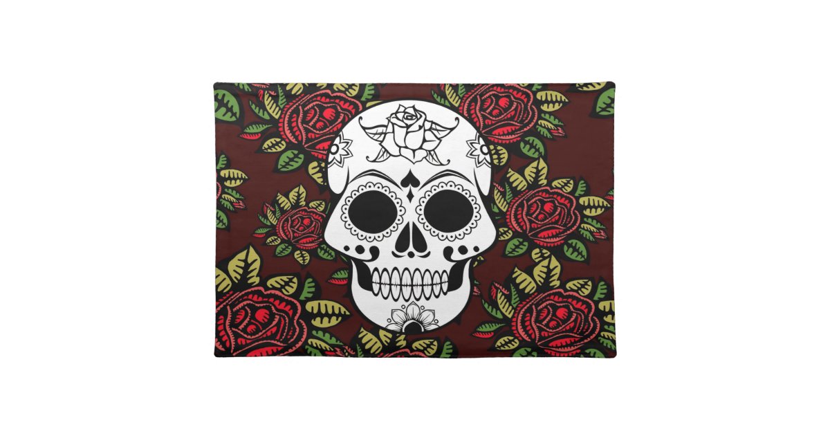 Blue And Red Floral Sugar Skull Door Mat