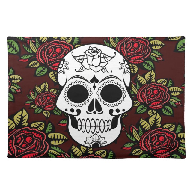 Trendy Placemat Retro red roses  sugar skull (Front)