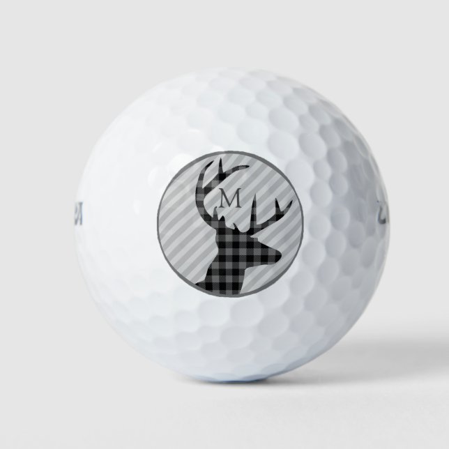 Trendy Plaid Deer and Grey Striped Monogrammed Golf Balls (Front)
