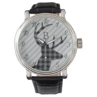 Trendy Plaid Deer and Grey Striped Monogrammed  Watch