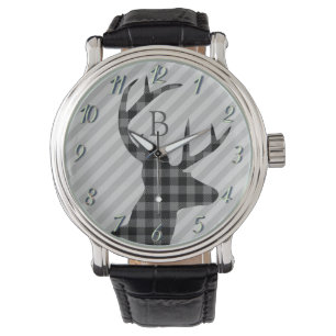 Trendy Plaid Deer and Grey Striped Monogrammed  Watch