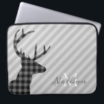 Trendy Plaid Deer and Grey Striped Personalised Laptop Sleeve<br><div class="desc">Stylish plaid deer profile and grey striped laptop sleeve with elegant monogram.</div>