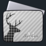 Trendy Plaid Deer and Grey Striped Personalised Laptop Sleeve<br><div class="desc">Stylish plaid deer profile and grey striped laptop sleeve with elegant monogram.</div>