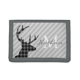 Trendy Plaid Deer and Grey Striped Personalised Tri-fold Wallet