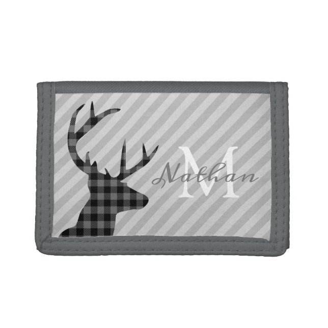 Trendy Plaid Deer and Grey Striped Personalised Trifold Wallet (Front)