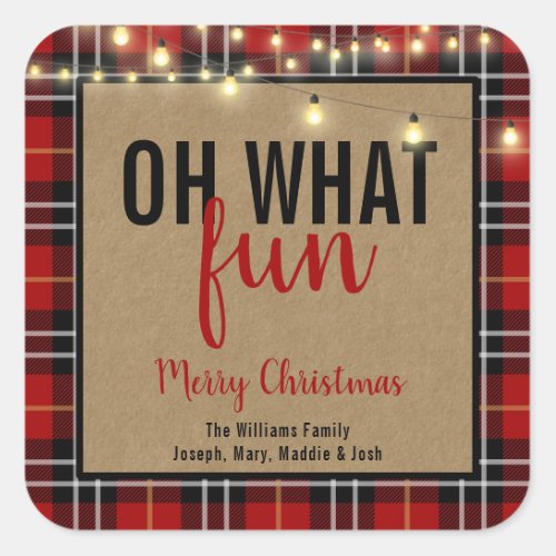 Trendy Plaid  Red and Black Plaid Fun Typography Square Sticker