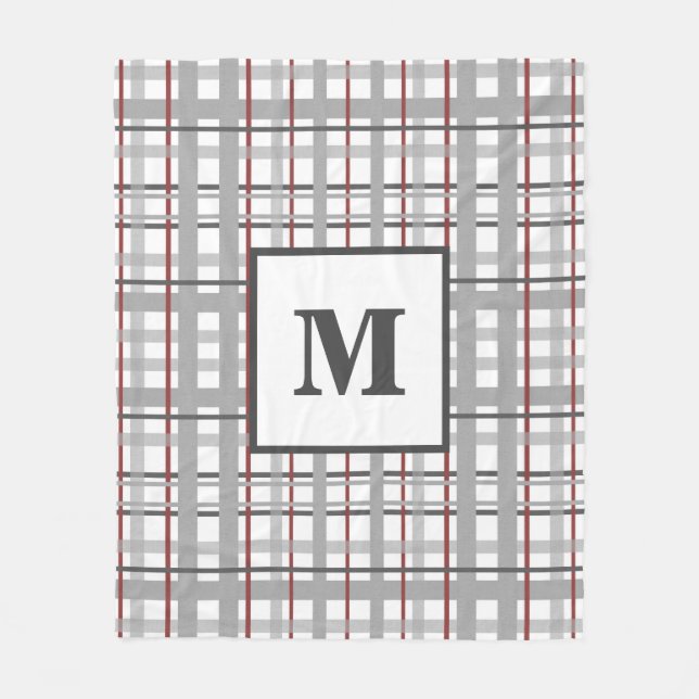 Trendy Plaid Red Silver Gray Monogram Fleece Blanket (Front)