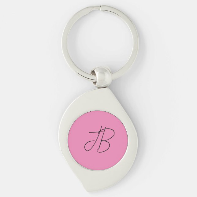 Trendy plain calligraphy monogram initials pink keychain (Front)