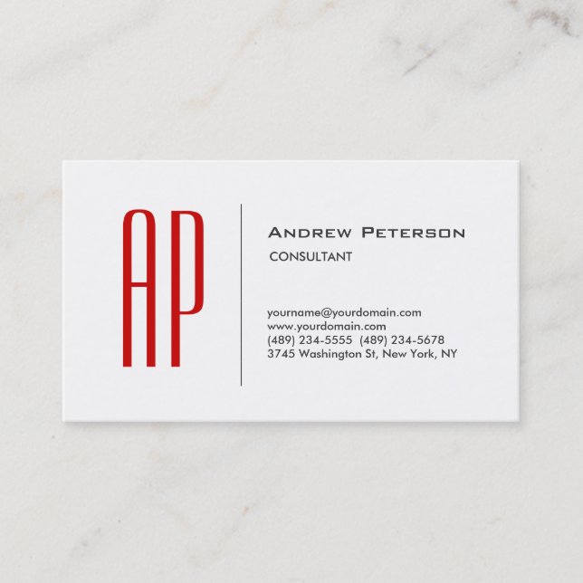 Trendy Plain Red White Gray Monogram Business Card (Front)
