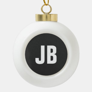 Trendy plain simple bold monogram initials black ceramic ball christmas ornament