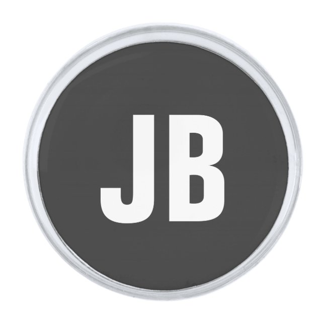 Trendy plain simple bold monogram initials black silver finish lapel pin (Front)
