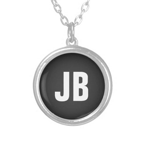 Trendy plain simple bold monogram initials black silver plated necklace
