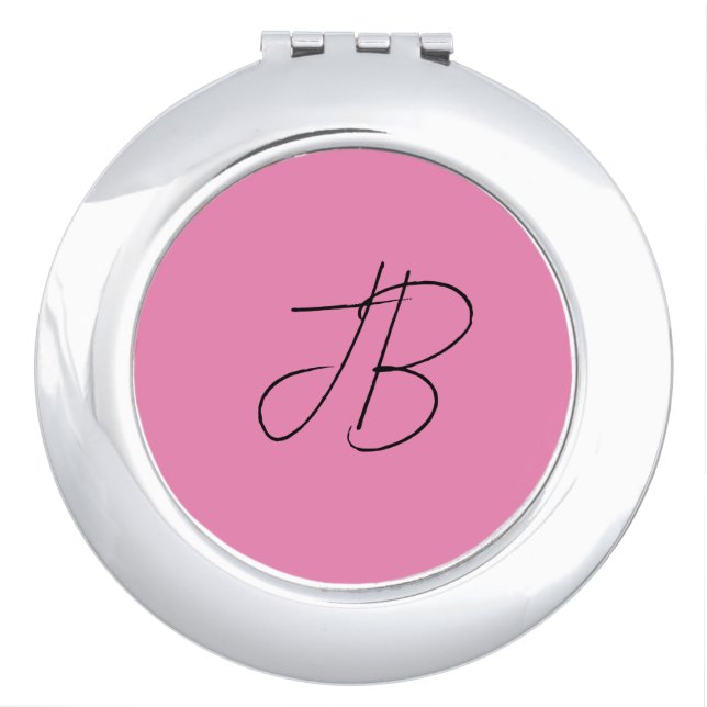 Trendy plain simple bold monogram initials pink compact mirror (Front)