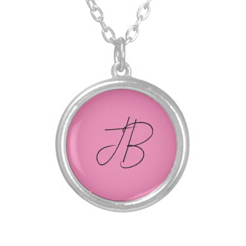 Trendy plain simple bold monogram initials pink silver plated necklace