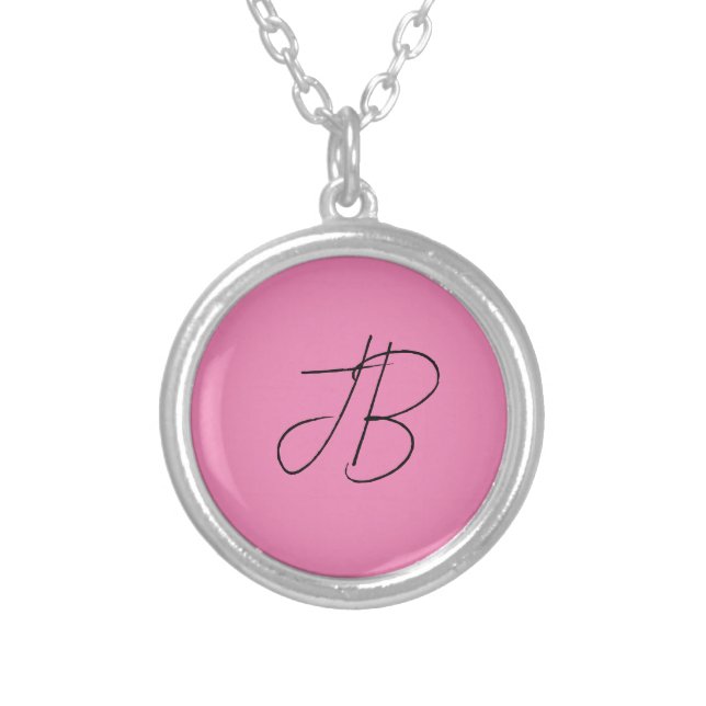 Trendy plain simple bold monogram initials pink silver plated necklace (Front)