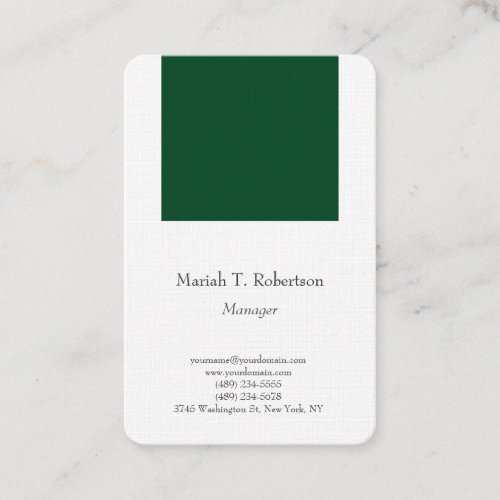 Trendy plain simple minimalist forest green white business card