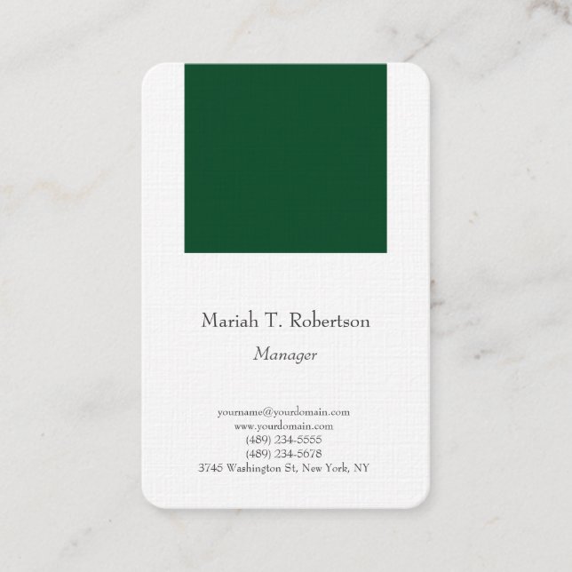 Trendy plain simple minimalist forest green white business card (Front)