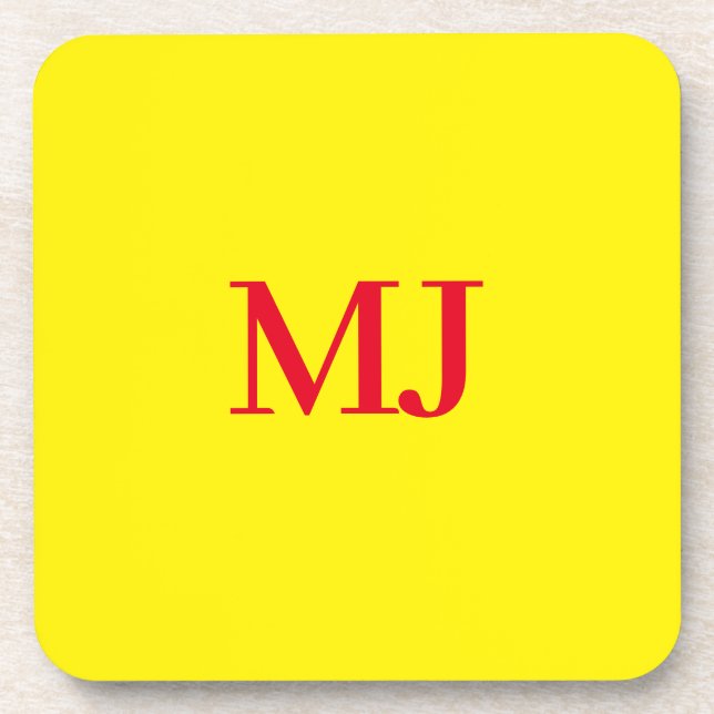 Trendy plain simple yellow red monogram initials beverage coaster (Front)