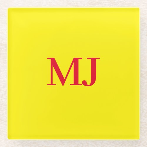 Trendy plain simple yellow red monogram initials glass coaster