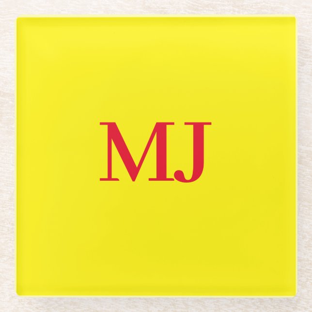 Trendy plain simple yellow red monogram initials glass coaster (Front)