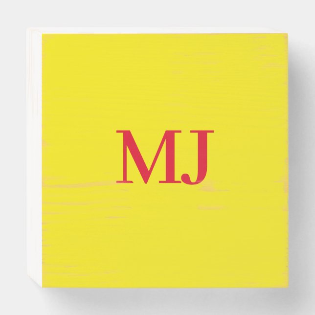 Trendy plain simple yellow red monogram initials wooden box sign (Front Horizontal)
