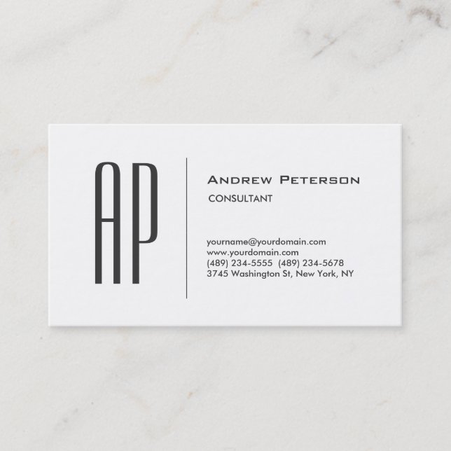 Trendy Plain White Gray Monogram Business Card (Front)