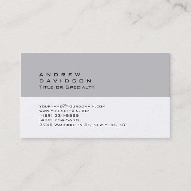 Trendy Plain White Gray Stylish Business Card (Front)