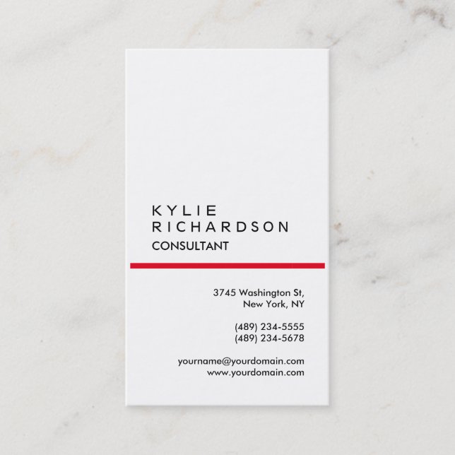 Trendy Plain White Red Consultant Vertical Business Card (Front)