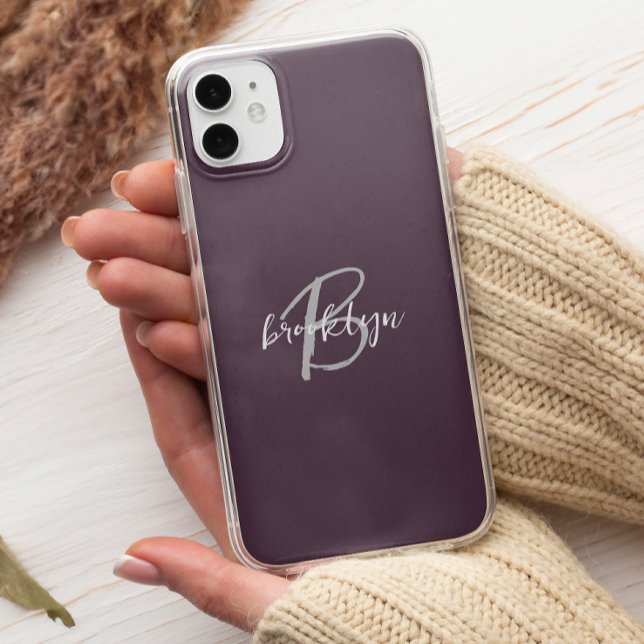 Trendy Plum Purple Gray White Script Monogram  Case-Mate iPhone Case (Creator Uploaded)
