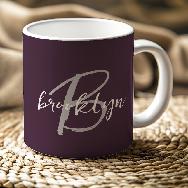 Trendy Plum Purple Gray White Script Monogram  Coffee Mug (Creator Uploaded)