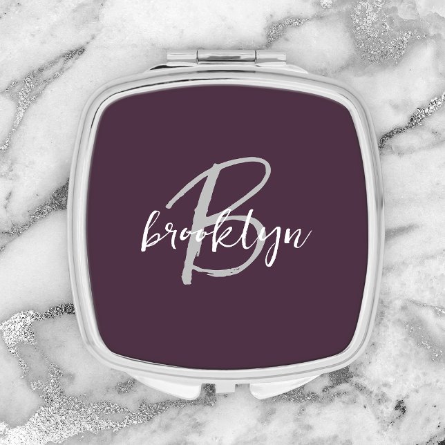 Trendy Plum Purple Gray White Script Monogram  Compact Mirror (Creator Uploaded)