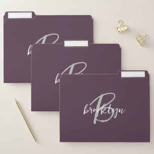 Trendy Plum Purple Gray White Script Monogram File Folder