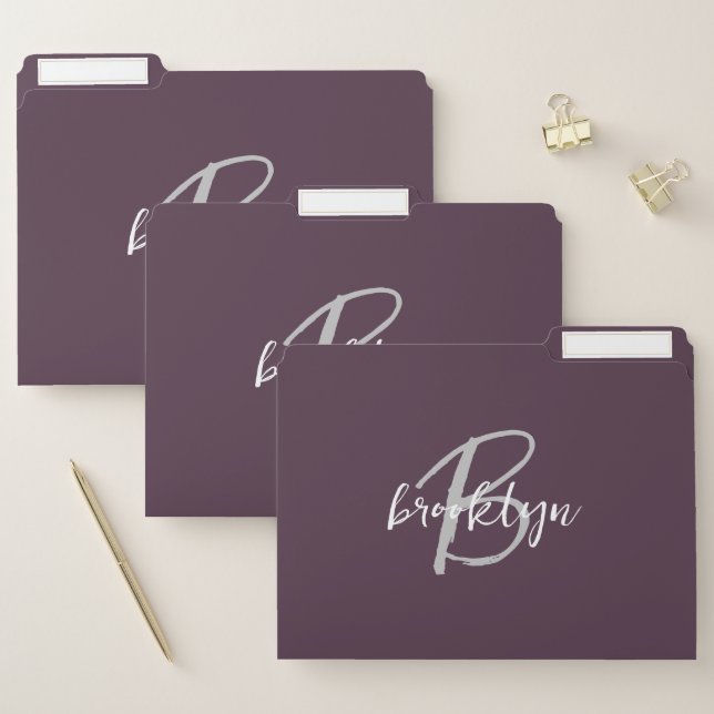 Trendy Plum Purple Gray White Script Monogram File Folder (Set)