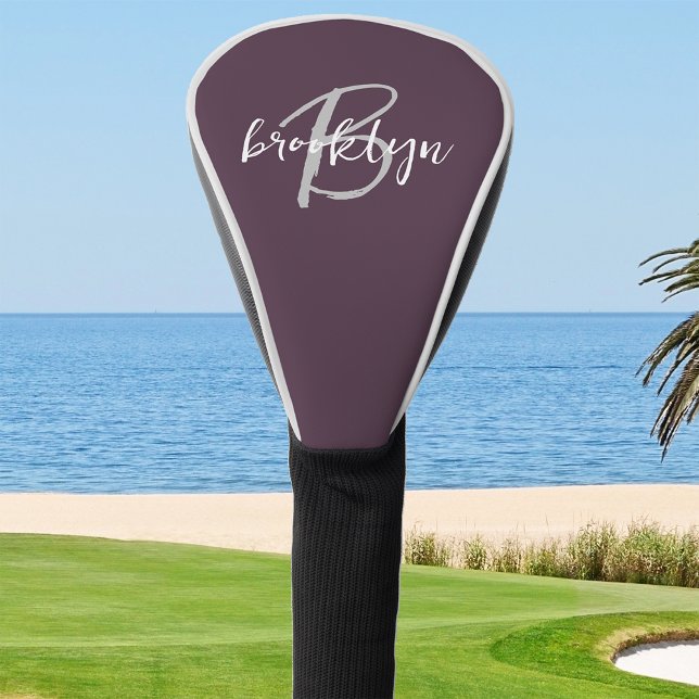 Trendy Plum Purple Gray White Script Monogram  Golf Head Cover (Creator Uploaded)