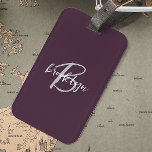 Trendy Plum Purple Gray White Script Monogram  Luggage Tag<br><div class="desc">This elegant personalized luggage tag feature a monogram and first name in modern gray and white script on a trendy plum purple background.</div>