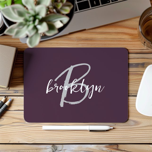 Trendy Plum Purple Gray White Script Monogram  Mouse Pad (Creator Uploaded)