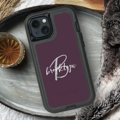 Trendy Plum Purple Gray White Script Monogram iPhone 15 Pro Max Case