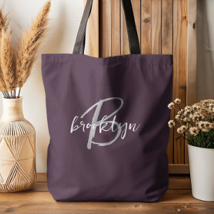 Trendy Plum Purple Gray White Script Monogram Tote Bag