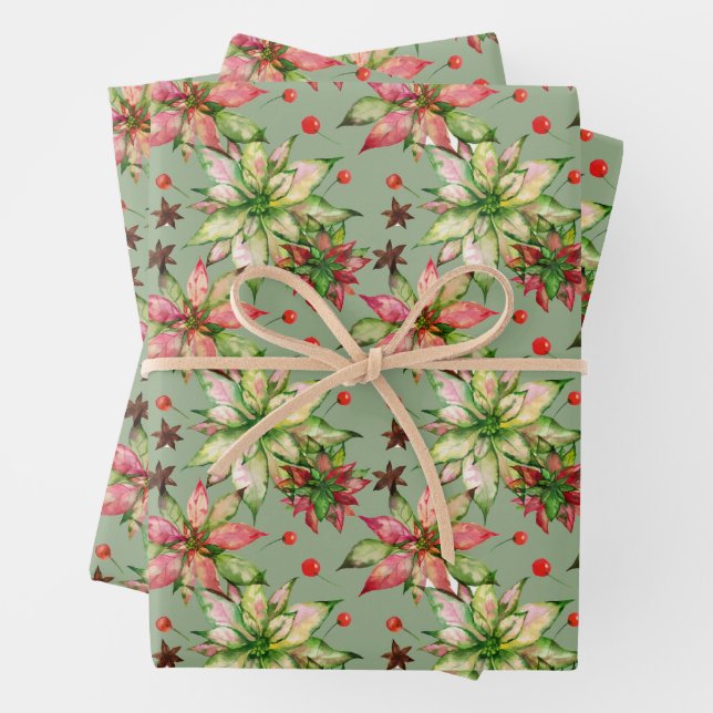 Trendy Poinsettia and Berries Wrapping Paper Sheets (In situ)