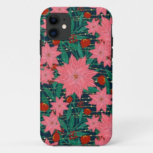 Trendy Poinsettia Flowers and golden stripes iPhone 11 Case