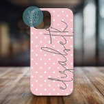 Trendy Polka Dot blush pink script gray name iPhone 15 Case<br><div class="desc">A feminine and girly polka dot design with a name in a handwritten,  calligraphy font.</div>