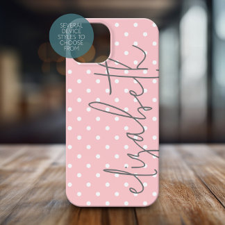 Trendy Polka Dot blush pink script gray name iPhone 15 Case
