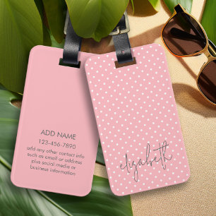 Trendy Polka Dot blush pink script gray name Luggage Tag