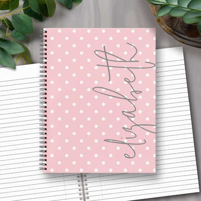Trendy Polka Dot blush pink script gray name Notebook (Personalized Notebook with Custom Text)