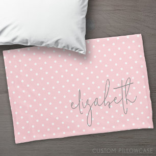 Trendy Polka Dot blush pink script gray name Pillow Case