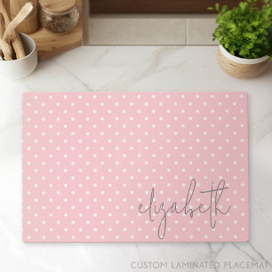 Trendy Polka Dot blush pink script gray name Placemat