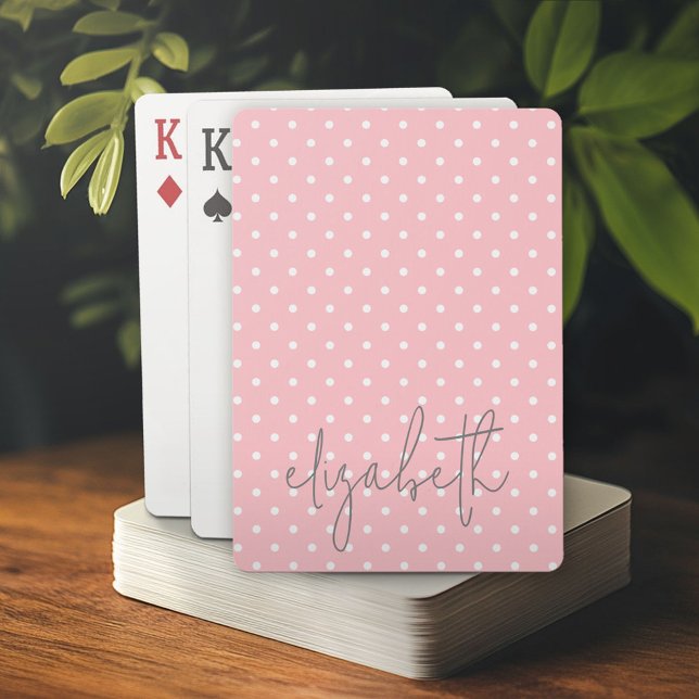 Trendy Polka Dot blush pink script gray name Poker Cards (Custom Playing Cards)